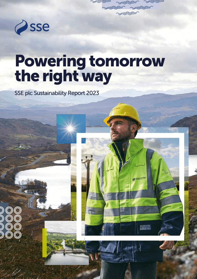 Front cover of SSE's sustainability report - man in high vis vest - report about SSE's energy sustainability.